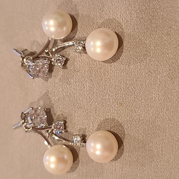 Bridal natural fresh water pearl cubic zirconia sterling silver earrings - Picture 5 of 5